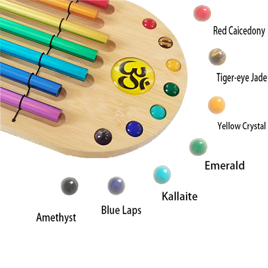7 Chakras Energy Chime on wood wheel with rainbow-colored tubes by DIVINE TIMES