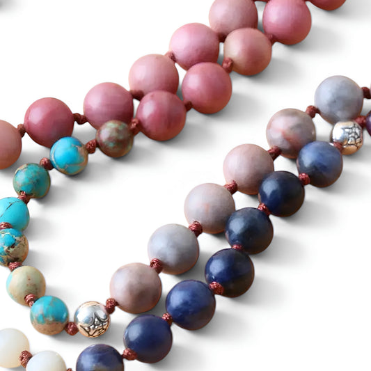 DIVINE TIMES 108-bead 7 Chakras mala beads with multi-gemstones in mauve, turquoise, and gray-blue for meditation