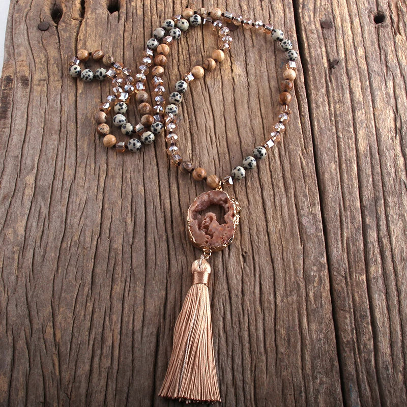 011 - Bohemian Natural Stones Crystal Knotted Druzy Stone w/ Tassle