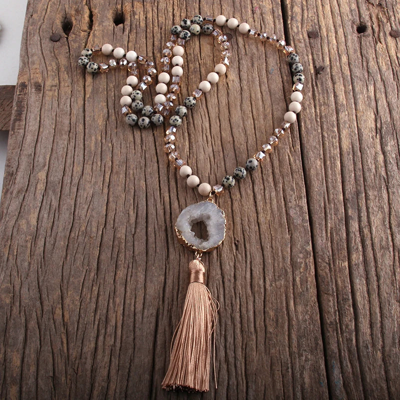 011 - Bohemian Natural Stones Crystal Knotted Druzy Stone w/ Tassle