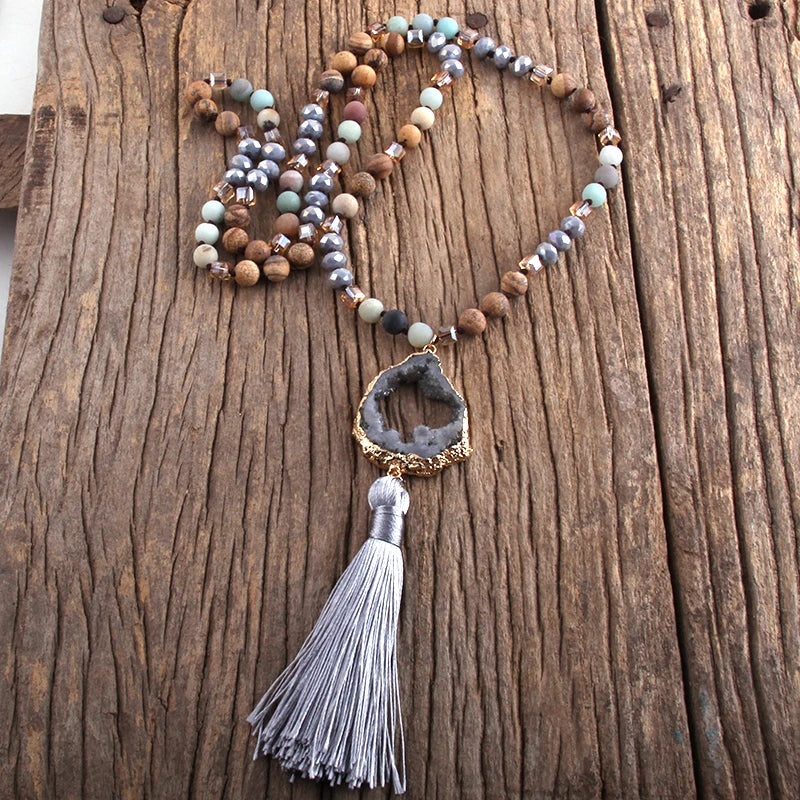 011 - Bohemian Natural Stones Crystal Knotted Druzy Stone w/ Tassle