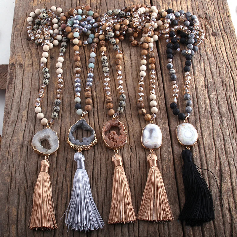 011 - Bohemian Natural Stones Crystal Knotted Druzy Stone w/ Tassle