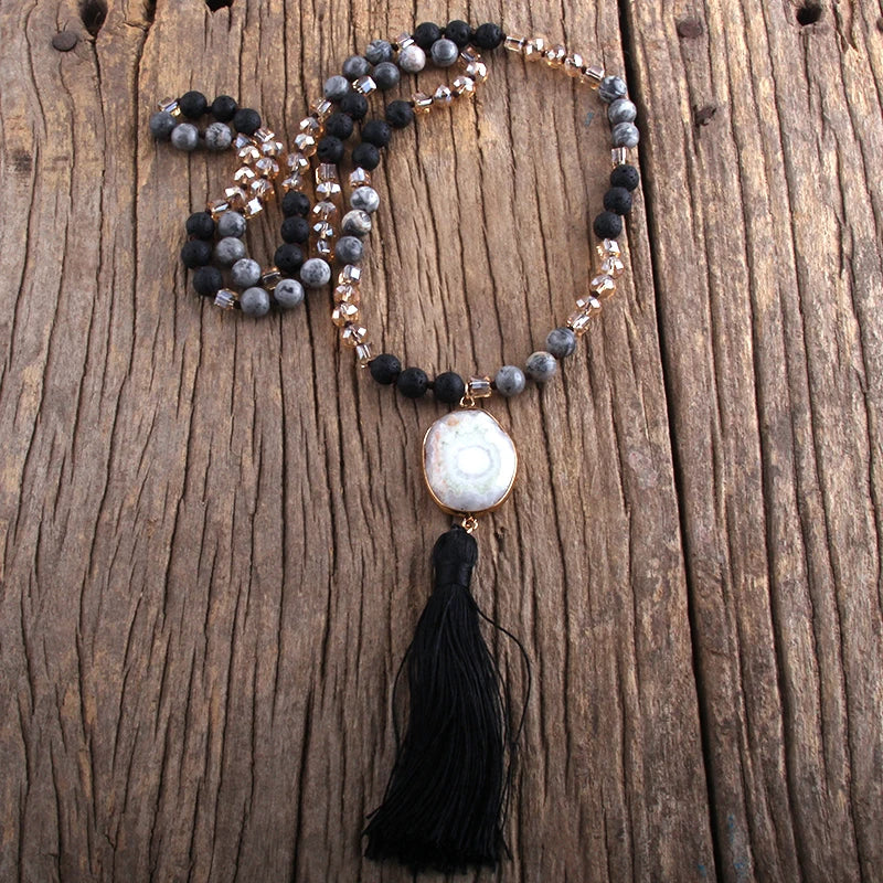011 - Bohemian Natural Stones Crystal Knotted Druzy Stone w/ Tassle