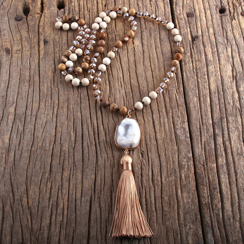 011 - Bohemian Natural Stones Crystal Knotted Druzy Stone w/ Tassle