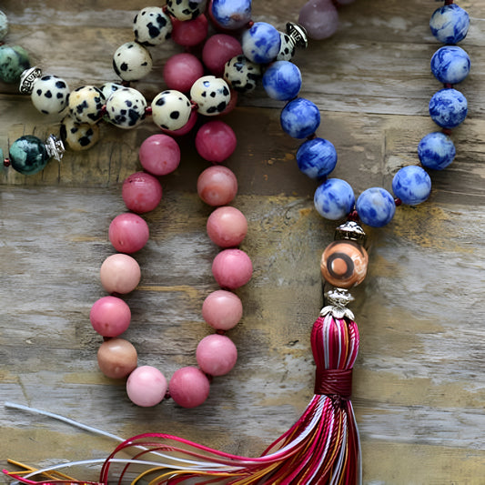 DIVINE TIMES 108-bead Japa Mala with multi-gemstones for 7 chakras; pink, white speckled, blue marbled beads with tassel