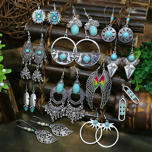 011 - Bohemian Vintage Tibetan Silver & Turquoise Geometric Drop Earrings