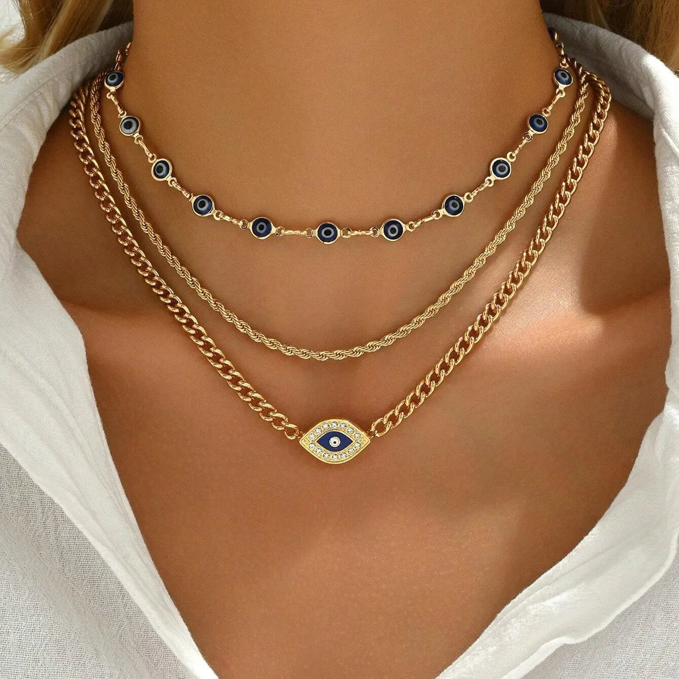 011 - Boho Lucky Multi-layers Crystal Evil Eye Pendant Necklace