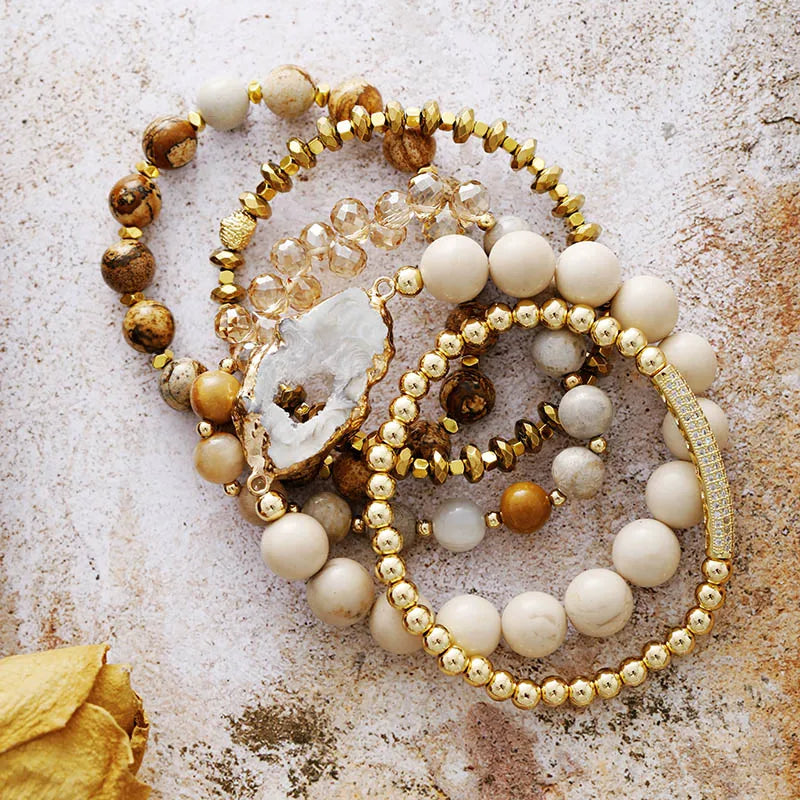 011 - Natural Crystal Druzy Beaded Bracelet and Bangle Set