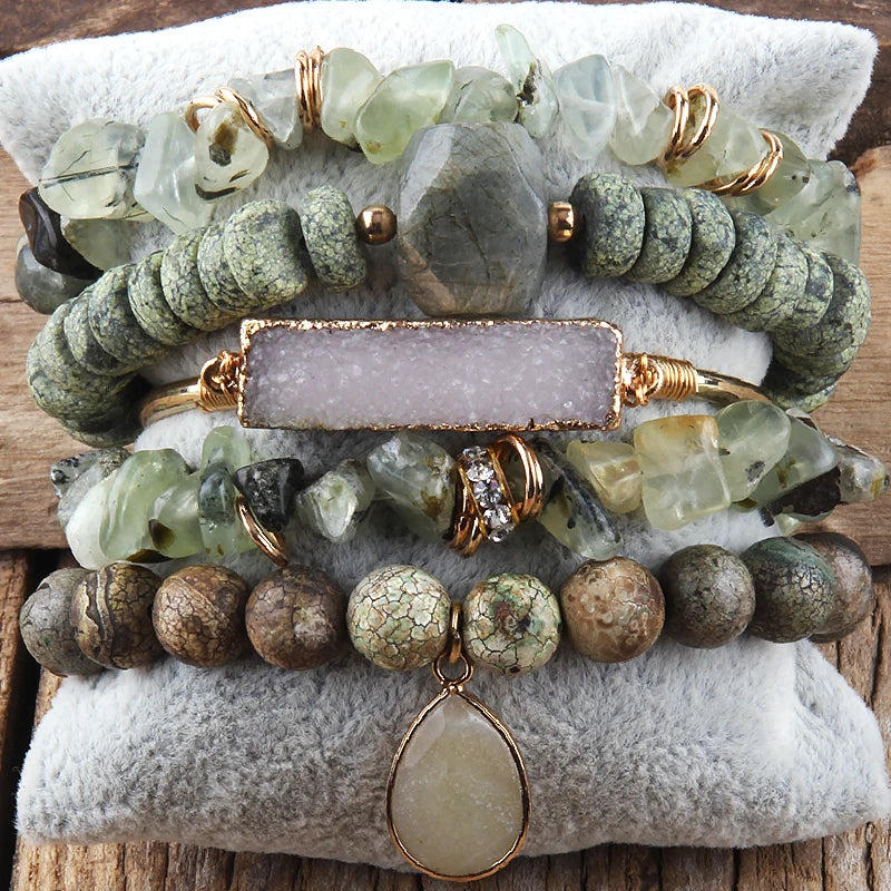 011 - Natural Stone Crystal Stackable Bracelet Set w/ Bangle