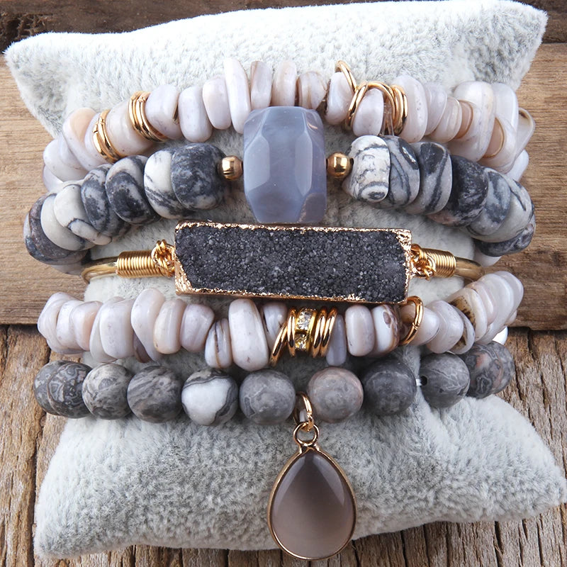 011 - Natural Stone Crystal Stackable Bracelet Set w/ Bangle