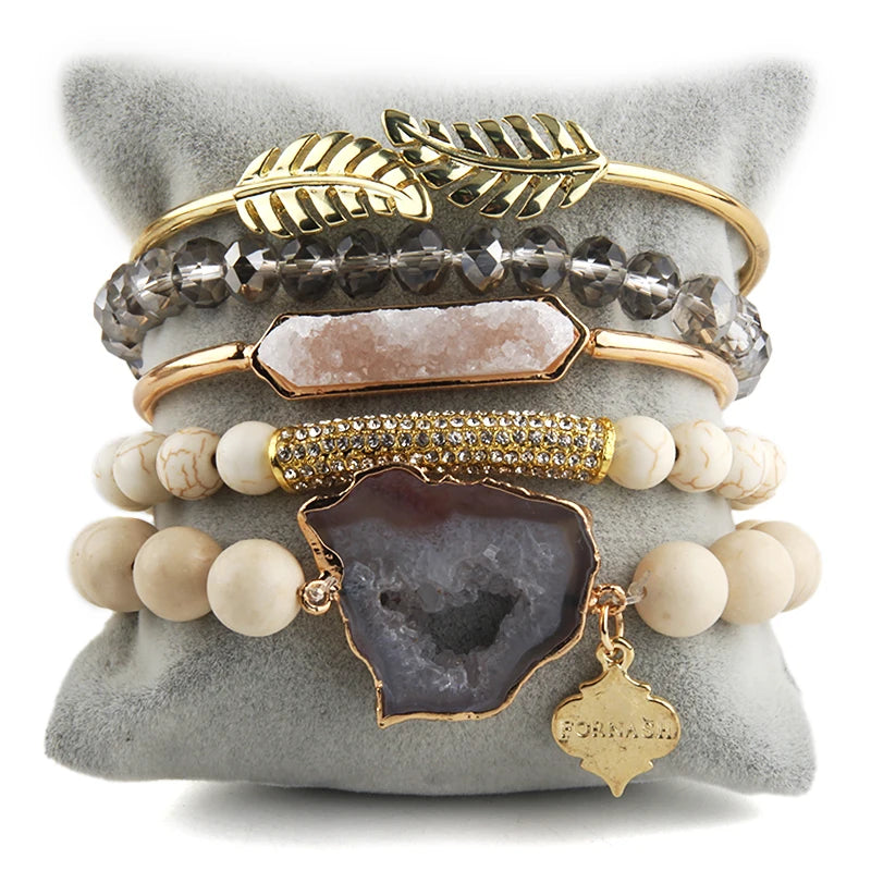 011 - Bohemian Designer Natural Stone Stackable Bracelet Set w/ Bangle