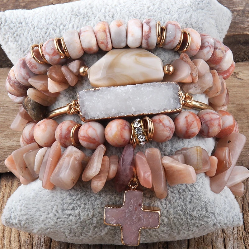 011 - Natural Stone Crystal Stackable Bracelet Set w/ Bangle