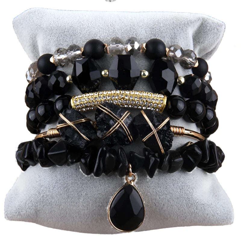 011 - Natural Stone Crystal Stackable Bracelet Set w/ Bangle