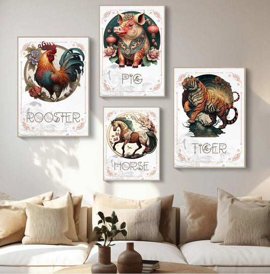009 - Retro Chinese Zodiac (Sheng Xiao) Canvas Wall Art