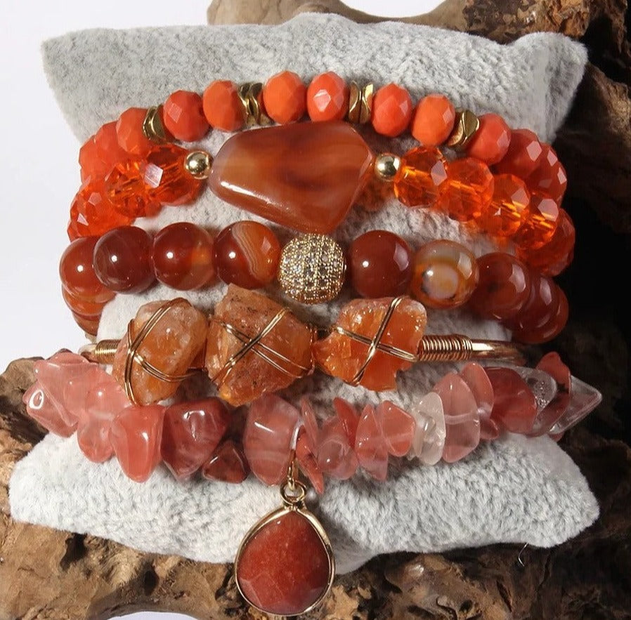 011 - Natural Stone Crystal Stackable Bracelet Set w/ Bangle