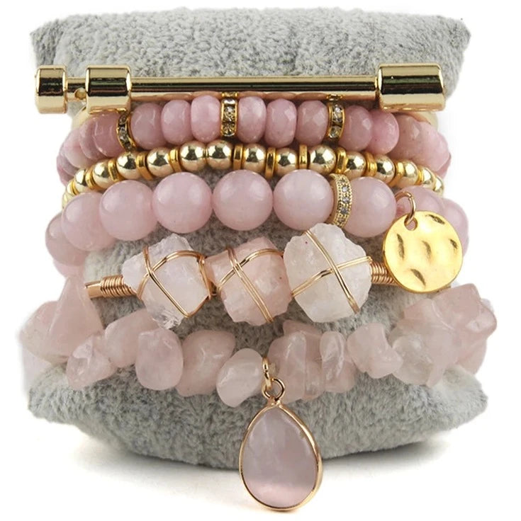 011 - Bohemian Designer Natural Stone Stackable Bracelet Set w/ Bangle
