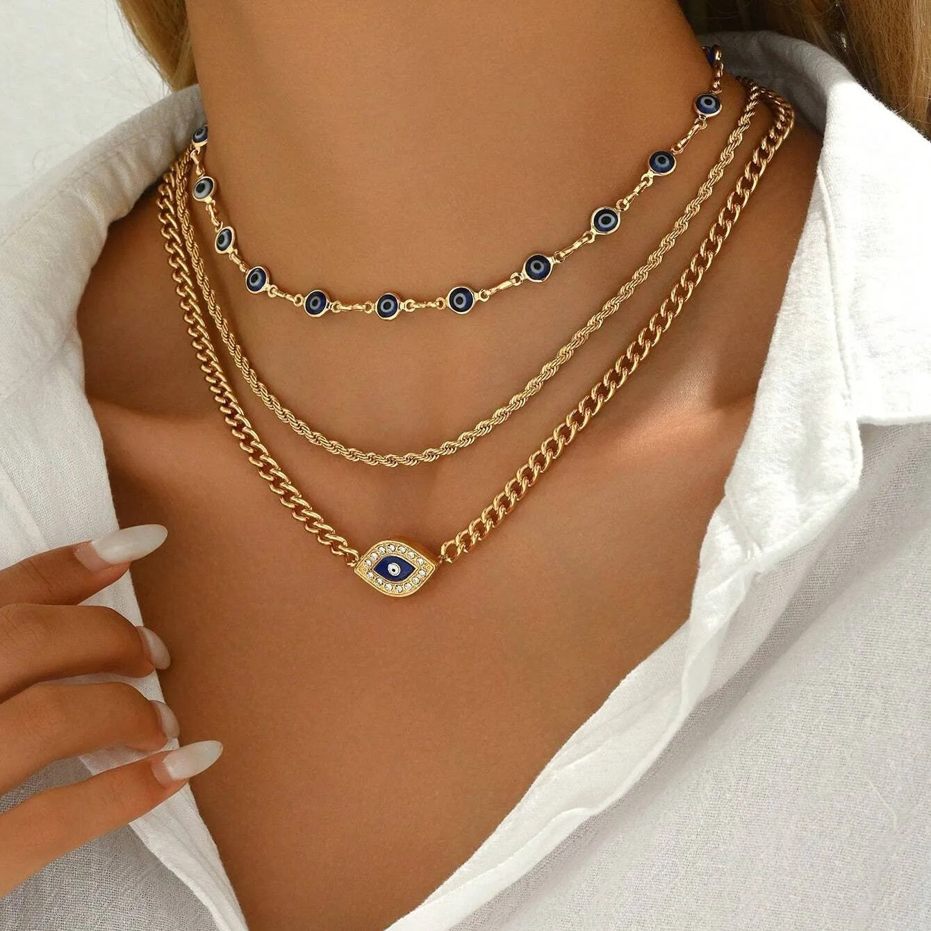 011 - Boho Lucky Multi-layers Crystal Evil Eye Pendant Necklace