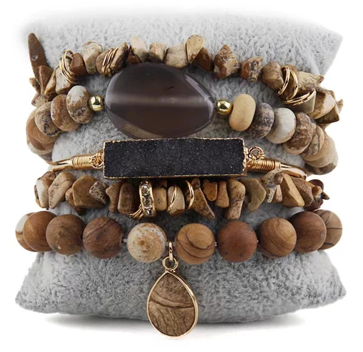 011 - Natural Stone Crystal Stackable Bracelet Set w/ Bangle