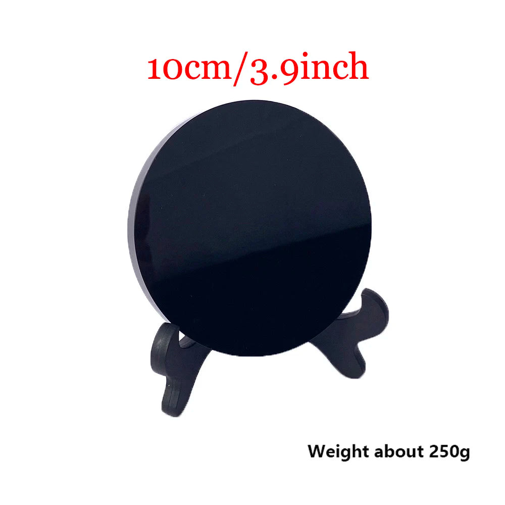 002 - High Quality Natural Black Obsidian Scrying Mirror Mirror w/ Stand