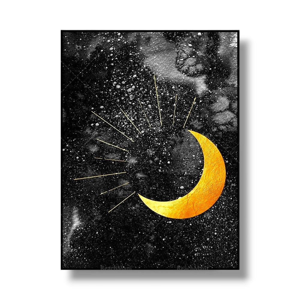 009 - Black & Gold Sun Moon Canvas Print Wall Art