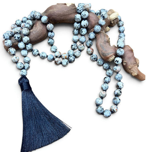 Japa mala beads, blue flame stone, 108 beads for prayer and meditation, 7 chakras by Divine Times