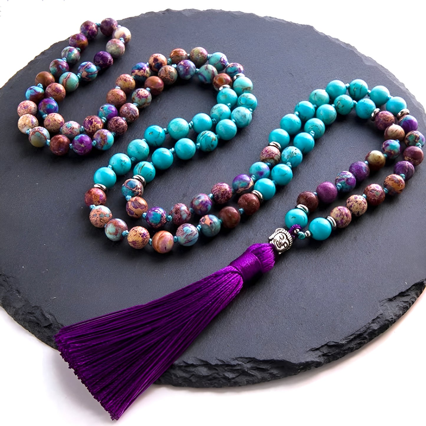 012 - Turquoise & Violet Imperial Jasper 108 Japa Mala Beads for Meditation
