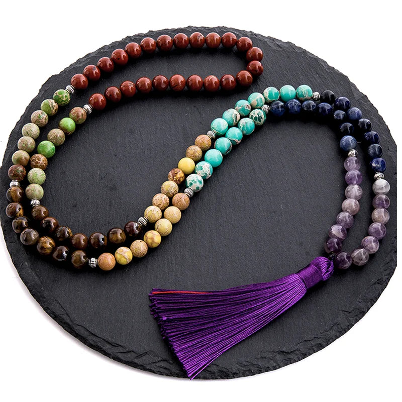 012 -  7 Chakra Natural Gemstones 108 Japa Mala Beads for Chakra Meditation