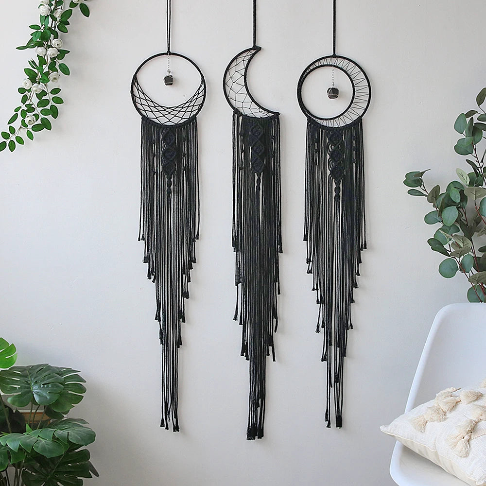 Black macrame sun moon star dreamcatcher with tourmaline