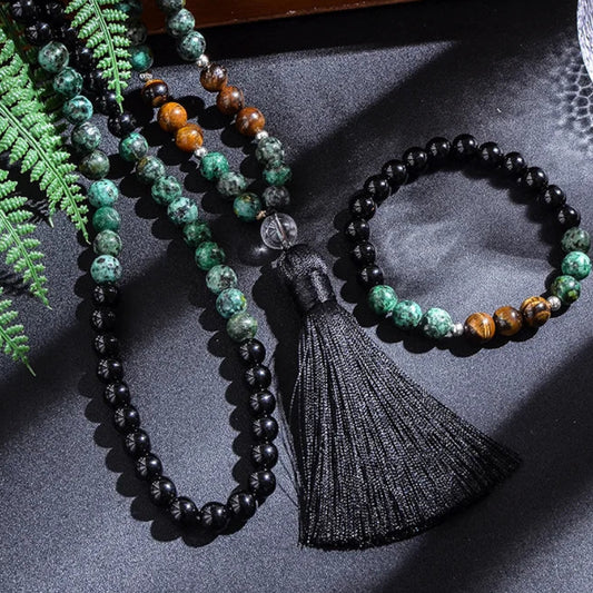 Japa mala bead set (two-piece) with African Turquoise and black agate beads and bracelet; black tassel detail