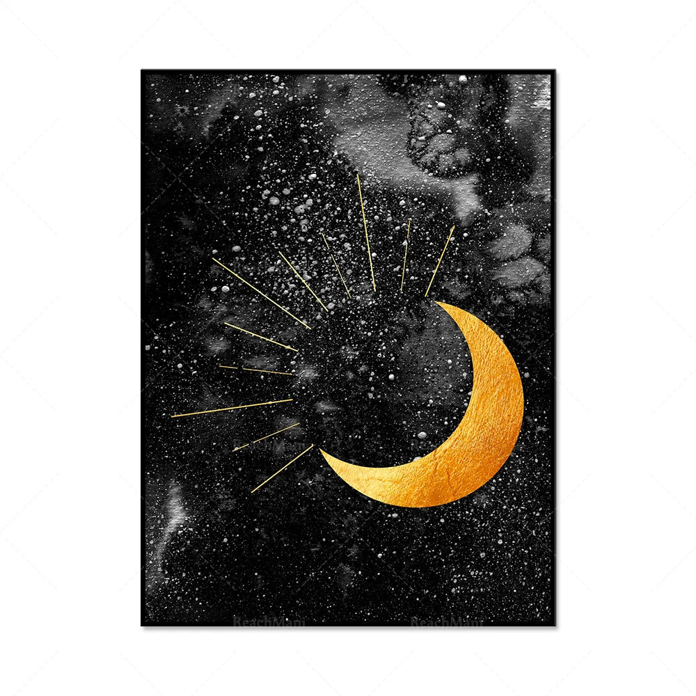 009 - Black & Gold Sun Moon Canvas Print Wall Art