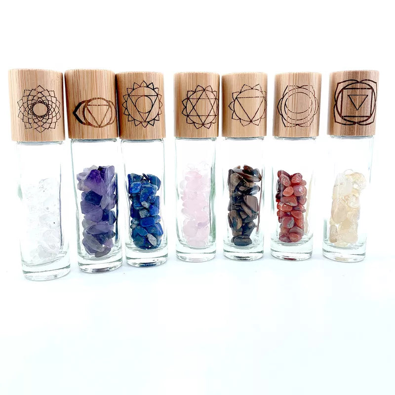 012 - 7 Chakras 7PC Refillable Rollerball Bottle with Gemstones for Essential Oils