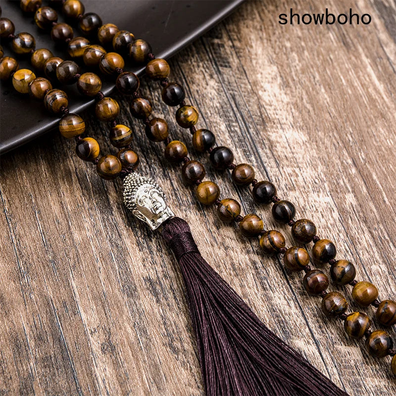 012 - Natural Yellow Tiger's Eye 108 Japa Mala Beads w/ Guru Bead for Meditation