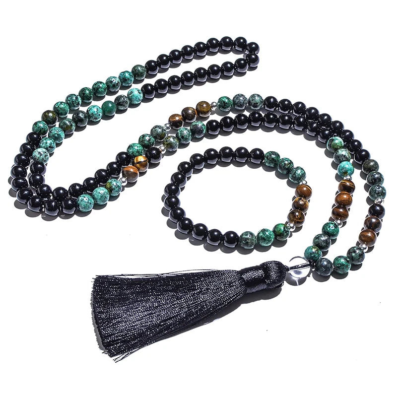 108 Japa Mala Beads & Bracelet Set for Meditation in African Turquoise & Black Agate with tassel