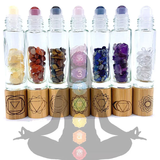 012 - 7 Chakras 7PC Refillable Rollerball Bottle with Gemstones for Essential Oils