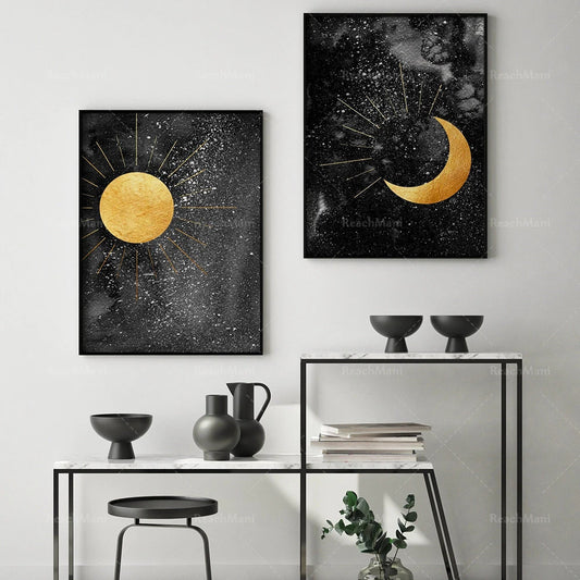 009 - Black & Gold Sun Moon Canvas Print Wall Art