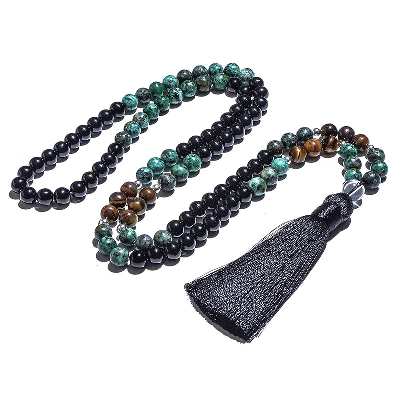 Japa Mala Beads Set: African Turquoise & Black Agate, 108 beads with tassel