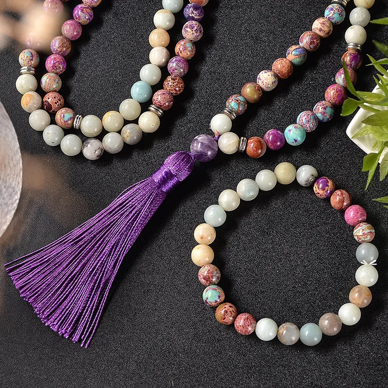 011 - Emperor Jasper & Amazonite Stone 108 Beads Jap Mala Necklace & Bracelet Set
