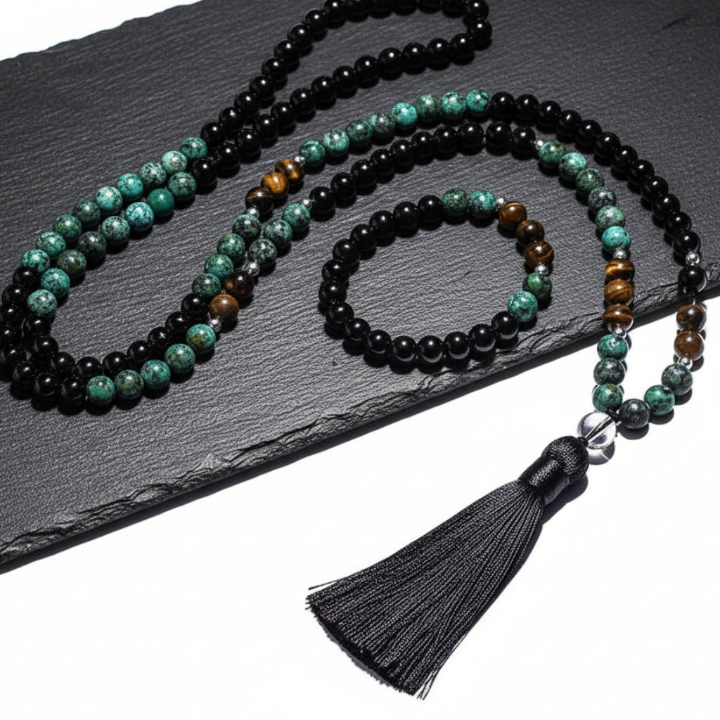 Japa Mala Beads meditation set with African Turquoise, black agate and tiger eye beads, includes bracelet and tassel