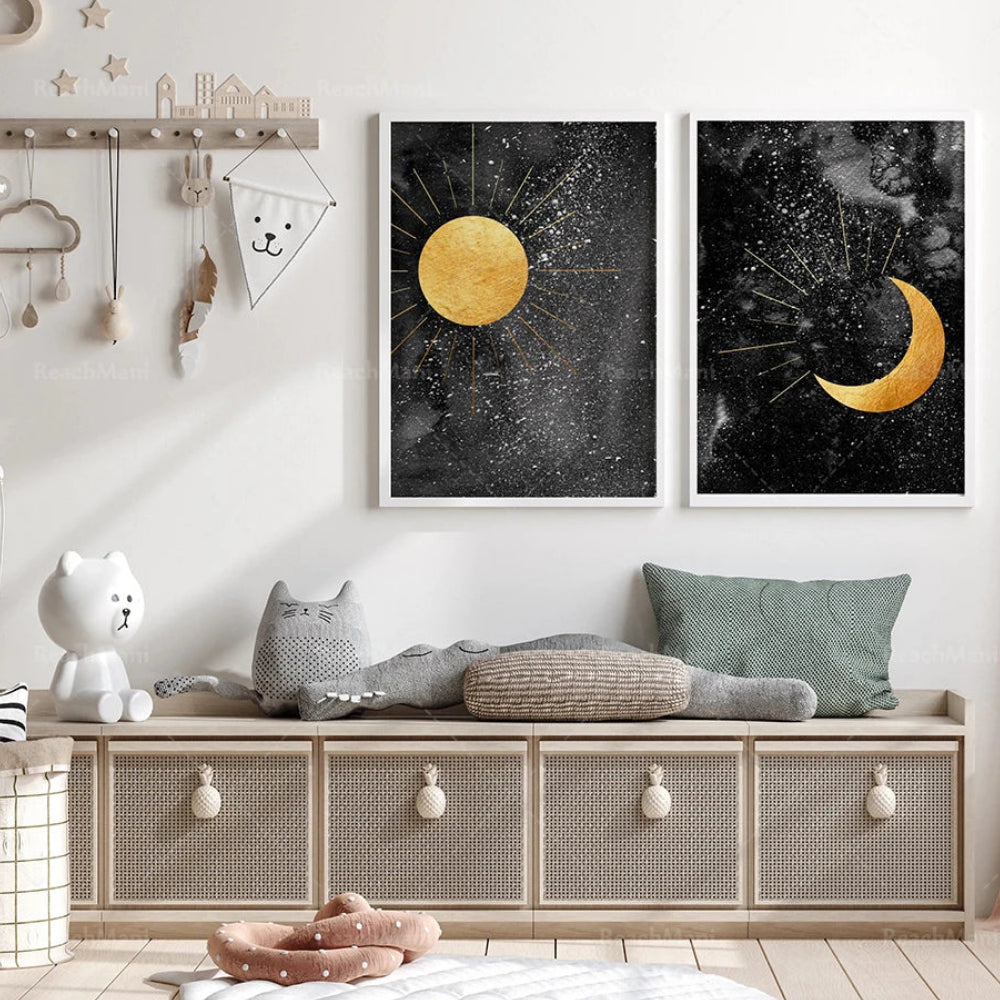 009 - Black & Gold Sun Moon Canvas Print Wall Art