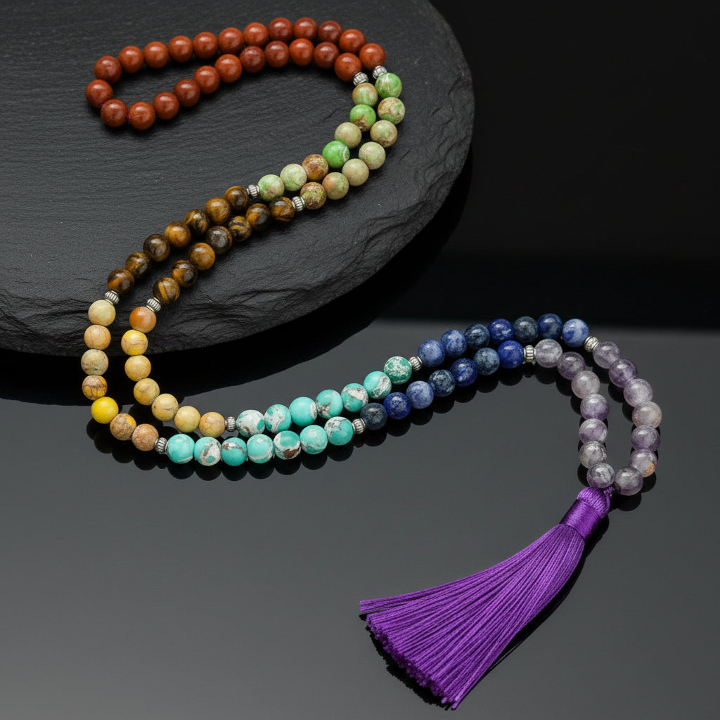 012 -  7 Chakra Natural Gemstones 108 Japa Mala Beads for Chakra Meditation