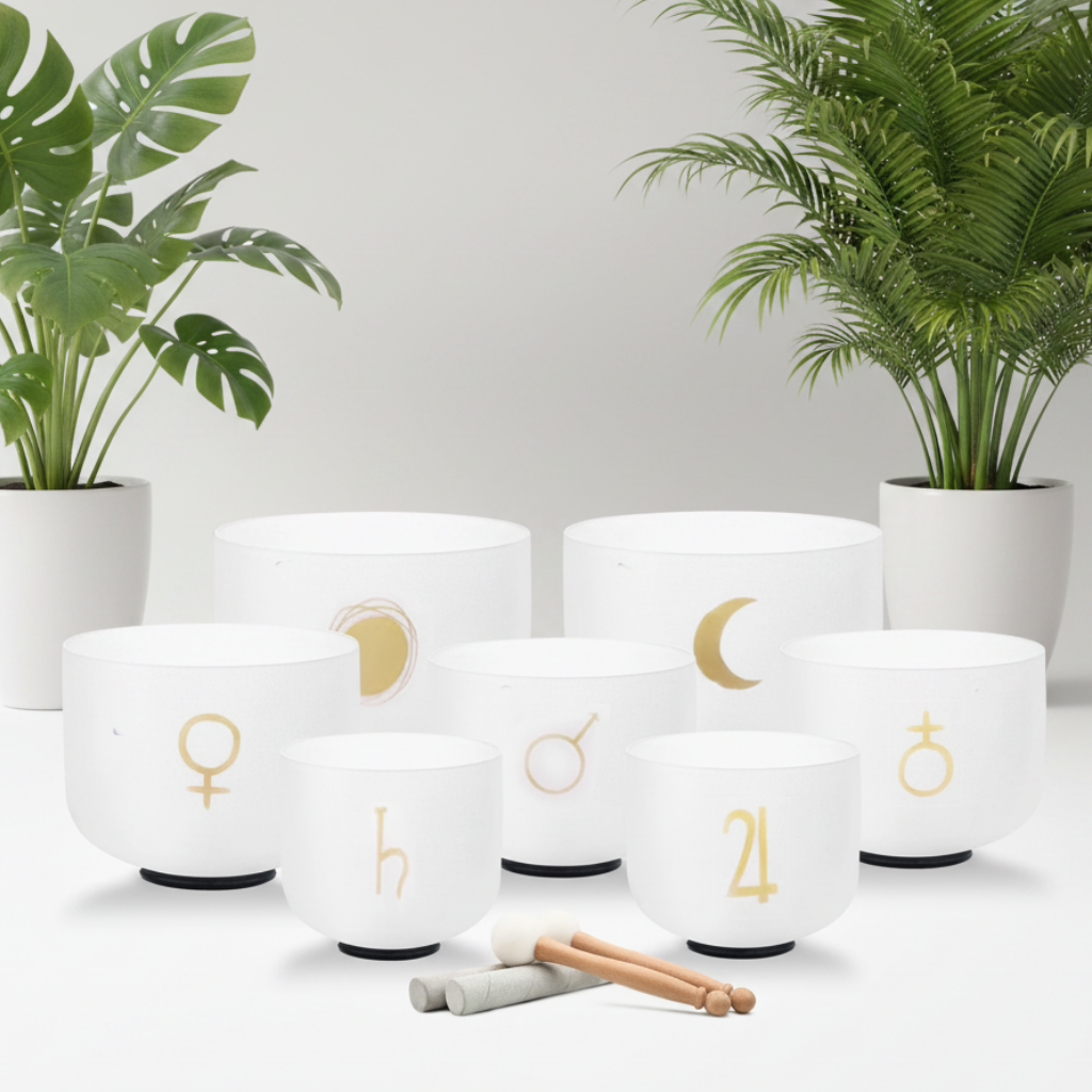 012 - Planetary Frosted Quartz Crystal Singing Bowls Set