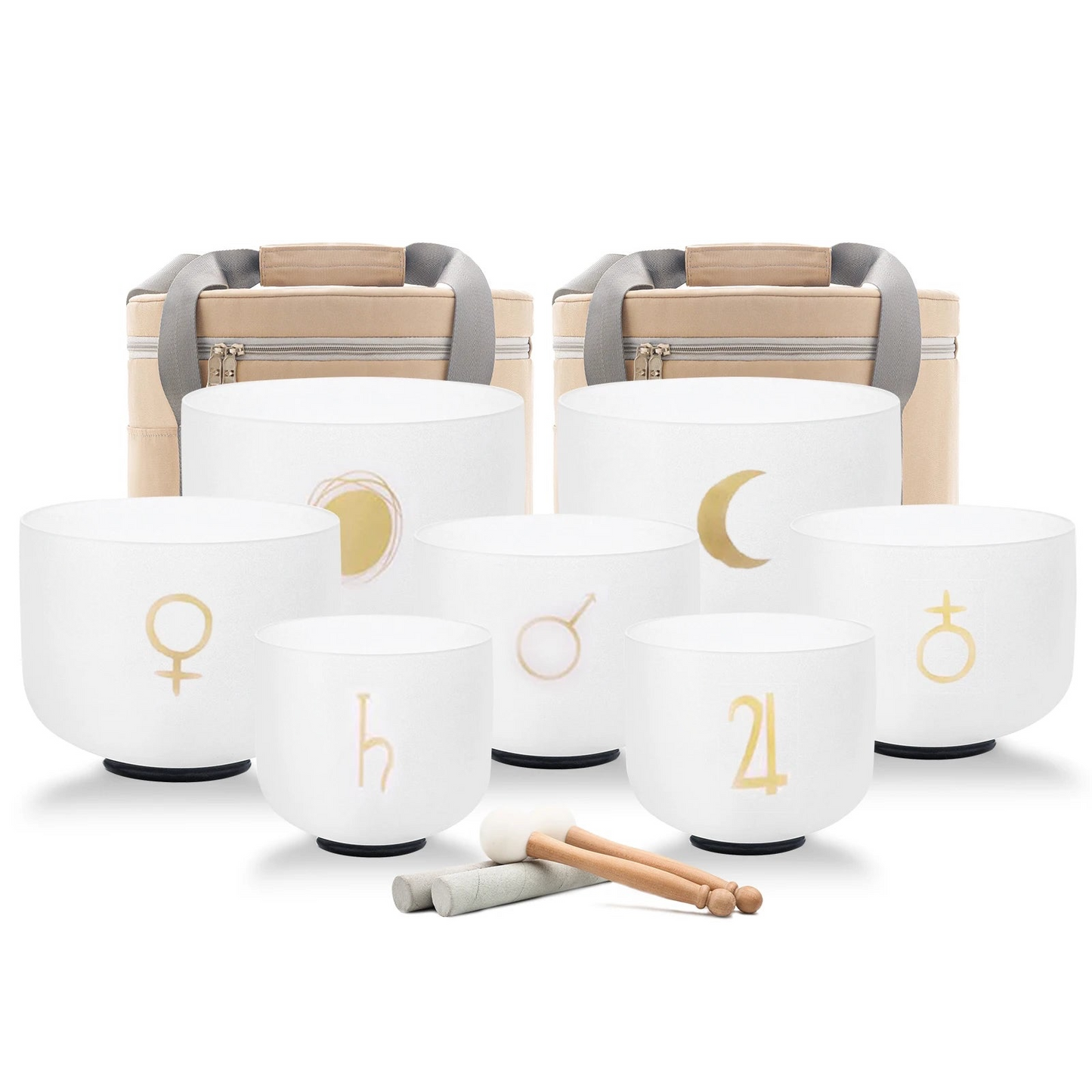 012 - Planetary Frosted Quartz Crystal Singing Bowls Set