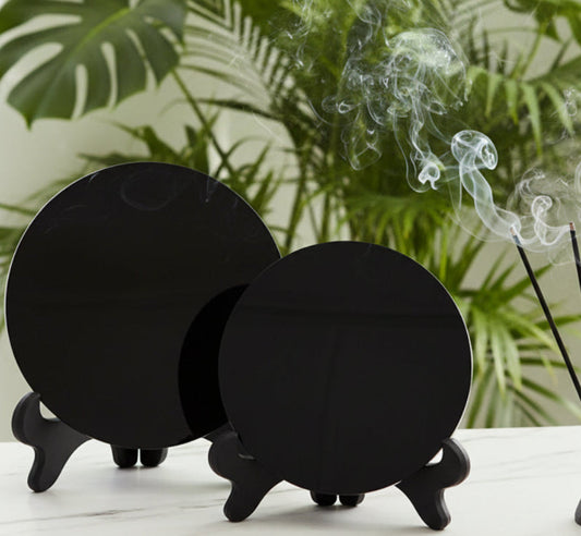 002 - Natural Black Obsidian Stone Scrying Mirror w/ Stand