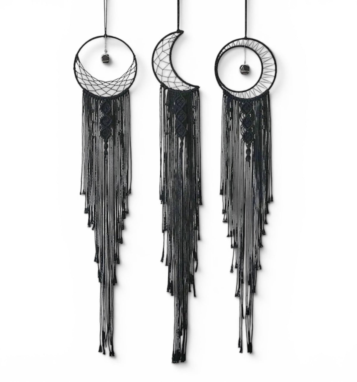 Black macrame sun moon star dreamcatcher with tourmaline