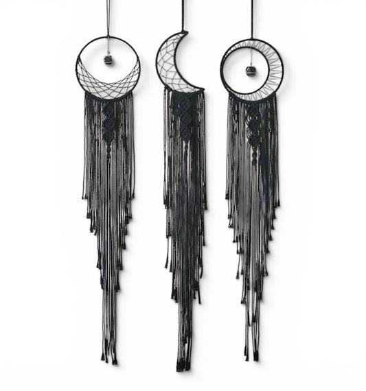 Black macrame sun moon star dreamcatcher with tourmaline