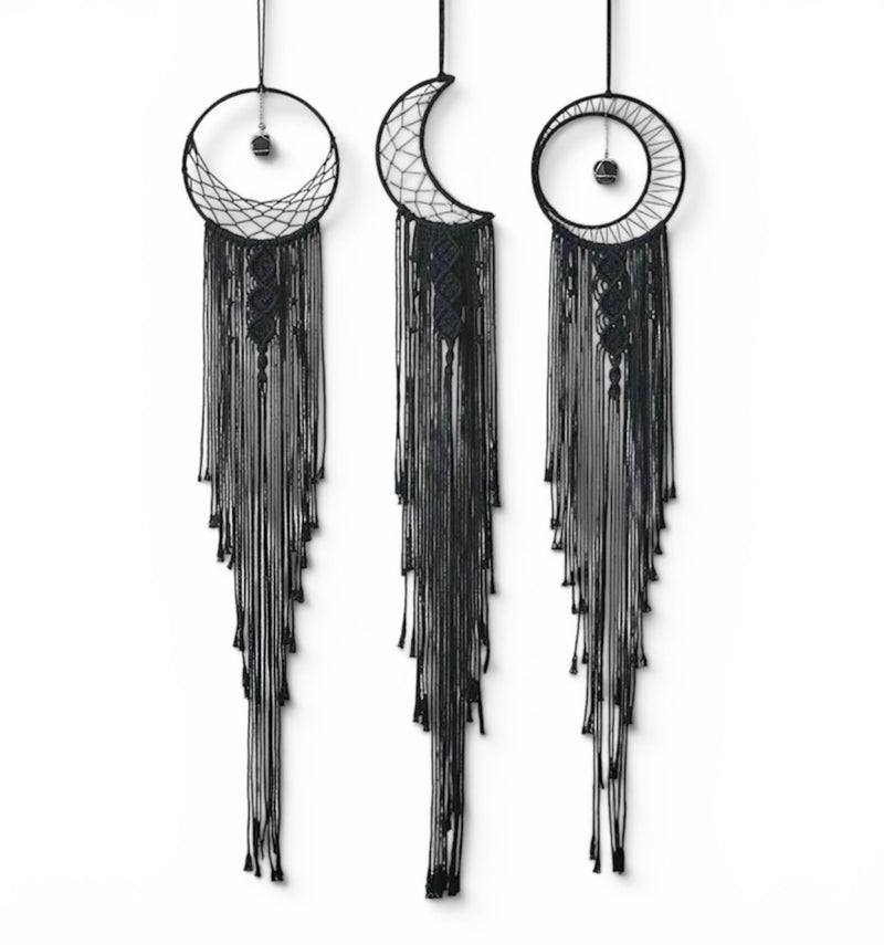 009 - Macrame Black Sun Moon Star Dreamcatcher w/ Tourmaline