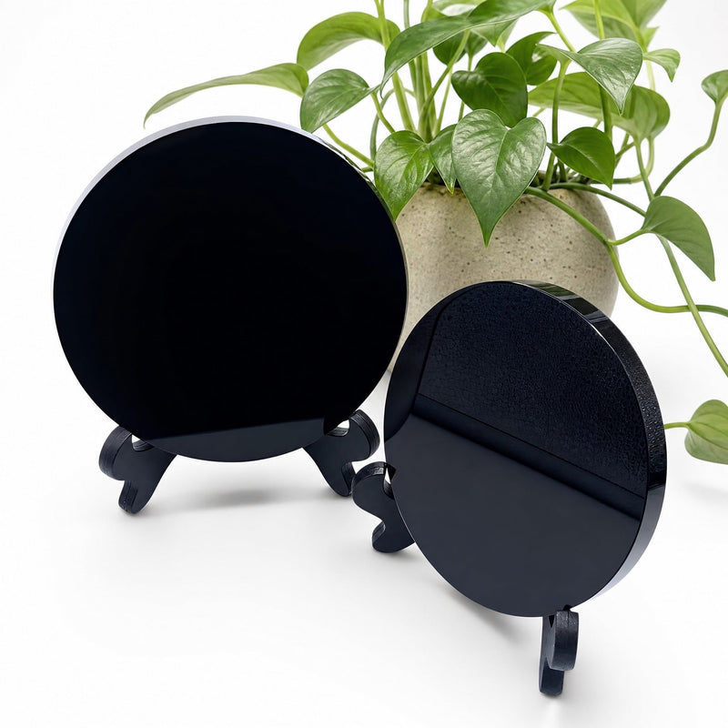 002 - Natural Black Obsidian Scrying Mirror w/ Stand