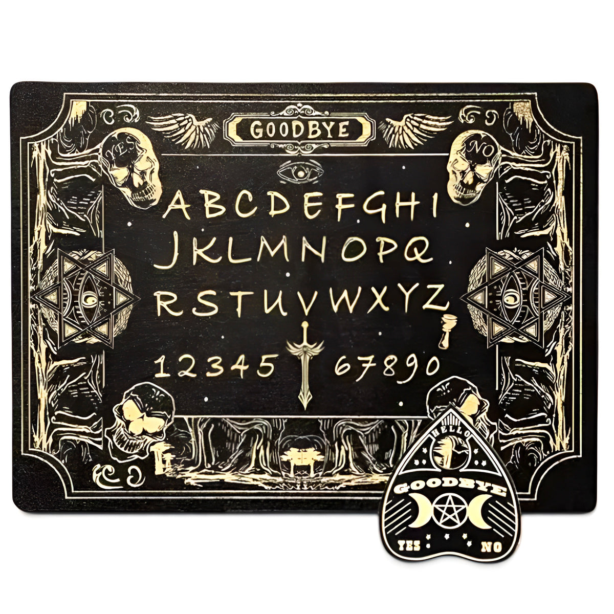A black rectangular Ouija board with gold engraved lettering, symbols, and decorative illustrations, shown on a white background with a small matching triangular pin in front.