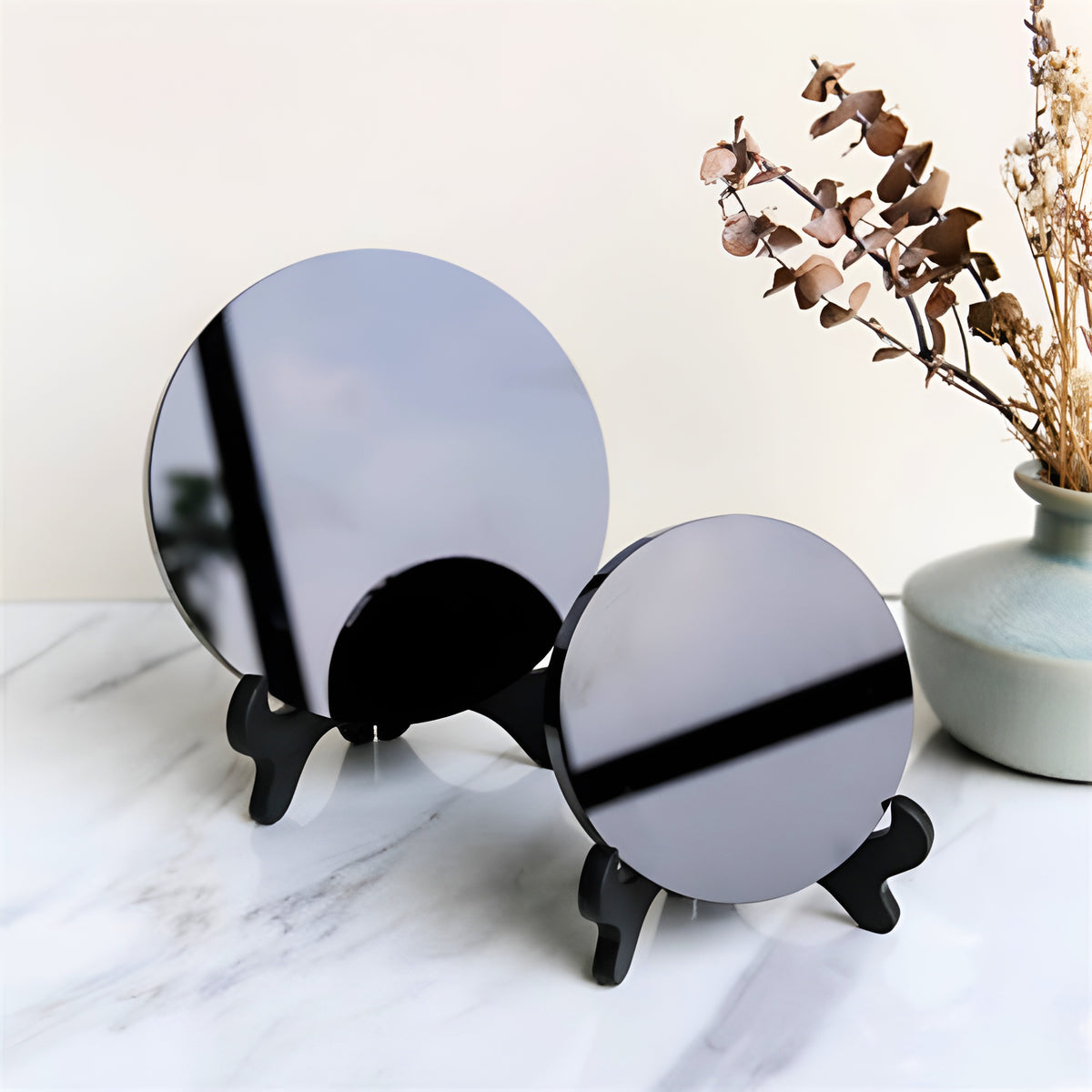 002 - Natural Black Obsidian Scrying Mirror w/ Stand