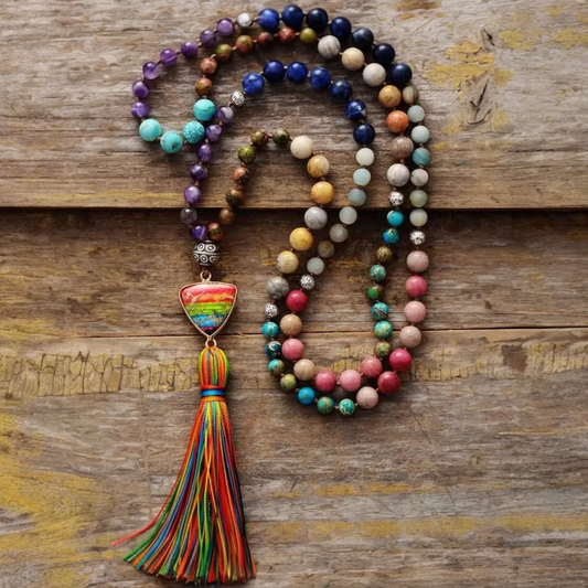Mala beads 108 with multi-gemstone chakra beads on colorful strands and rainbow tassel